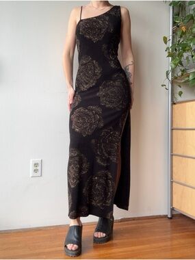 Vintage Black gold floral One Shoulder Maxi Dress made in the USA  - size S